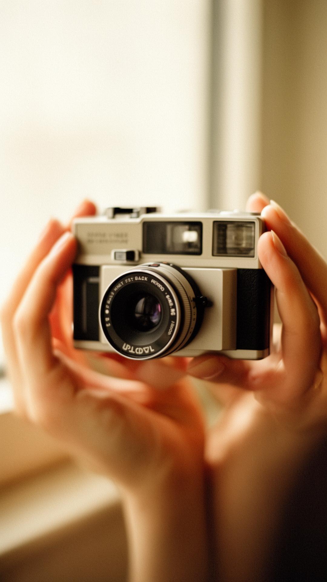 Vintage camera held in warm hands